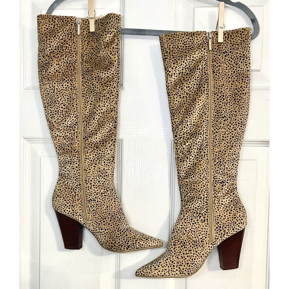 Crown & Ivy Cheetah Print Knee-High Boots | Pointed Toe Block Heel | Size 6